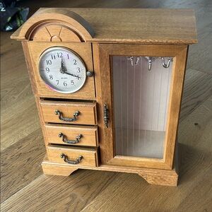 Wood Finish Jewelry Cabinet with Clock in Light Brown